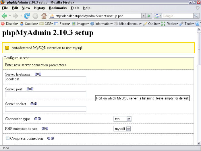 phpMyAdmin setup page